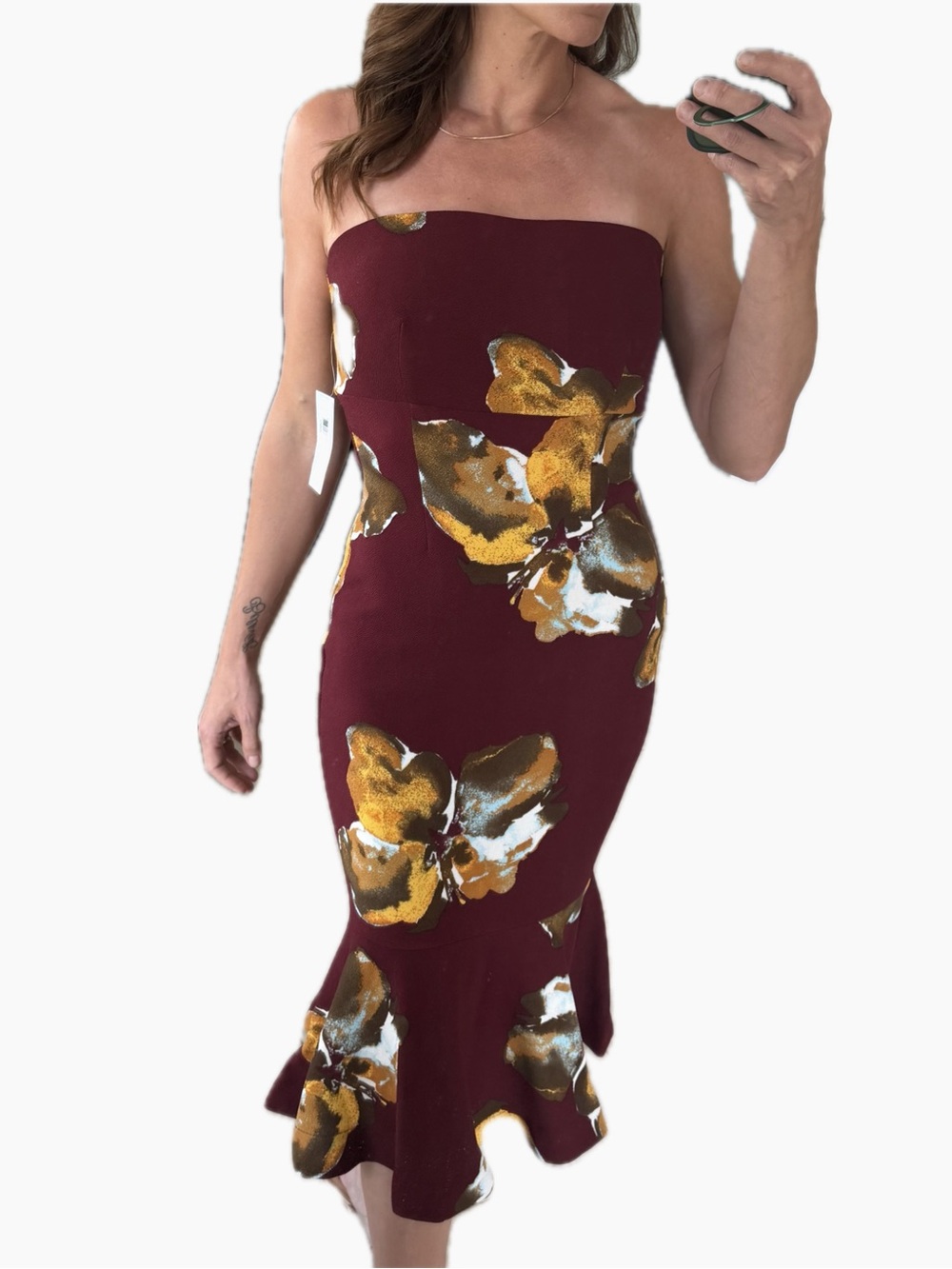 Bisou Bisou Strapless Burgundy Dress with Yellow Floral Print